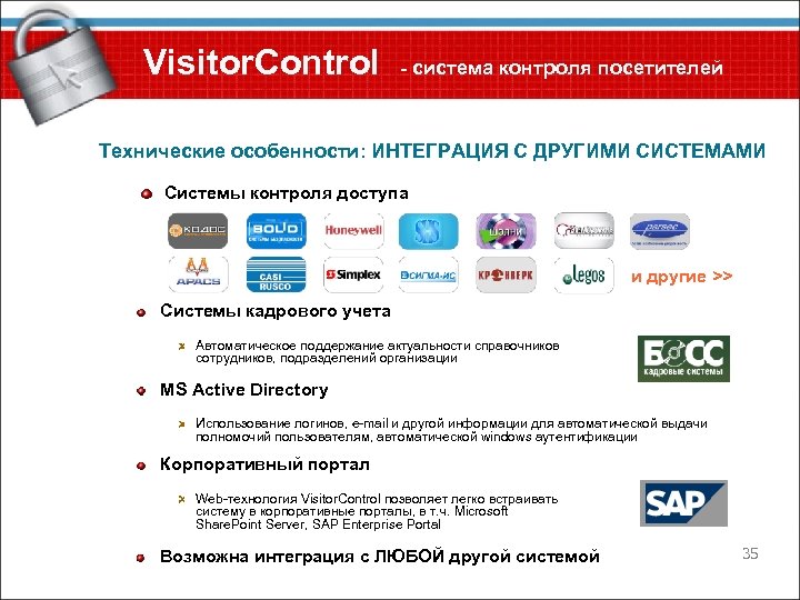 Visitor. Control - система контроля посетителей Технические особенности: ИНТЕГРАЦИЯ С ДРУГИМИ СИСТЕМАМИ Системы контроля