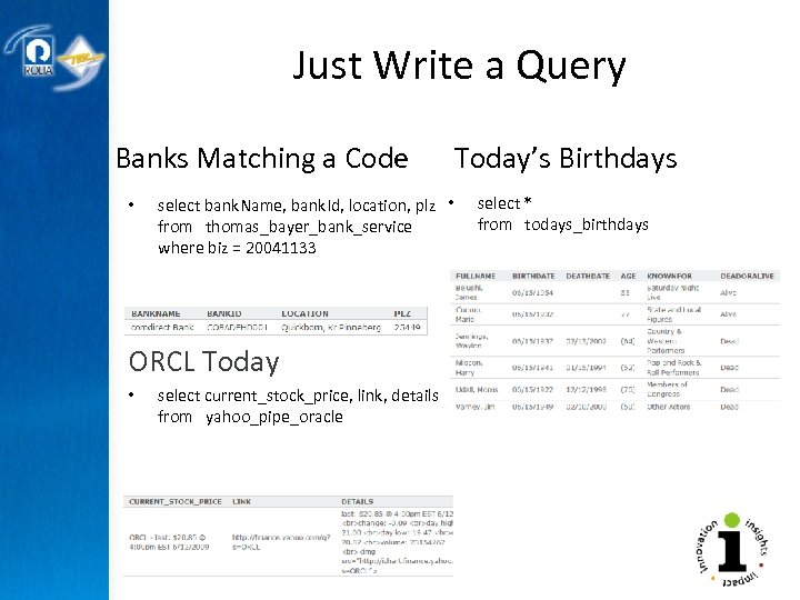 Just Write a Query Banks Matching a Code • select bank. Name, bank. Id,