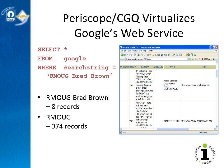 Periscope/CGQ Virtualizes Google’s Web Service SELECT * FROM google WHERE searchstring = ‘RMOUG Brad