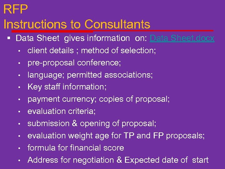 RFP Instructions to Consultants § Data Sheet gives information on: Data Sheet. docx •