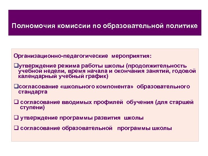 Полномочия комиссии по образовательной политике Организационно-педагогические мероприятия: qутверждение режима работы школы (продолжительность учебной недели,