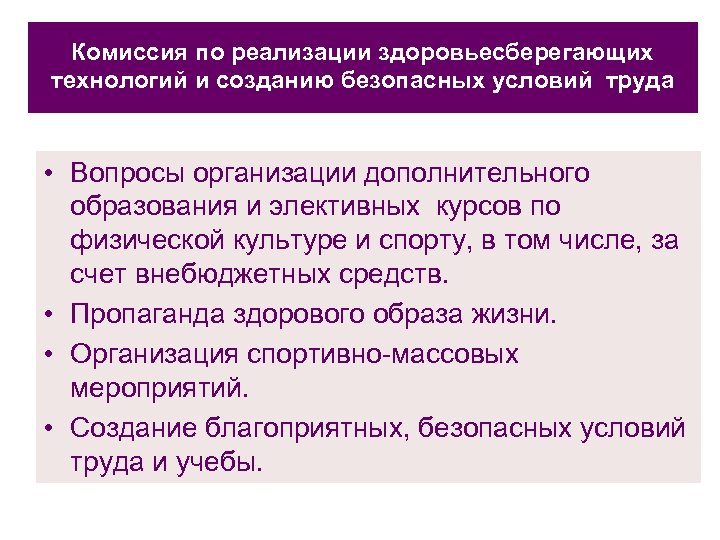 Комиссия по реализации здоровьесберегающих технологий и созданию безопасных условий труда • Вопросы организации дополнительного