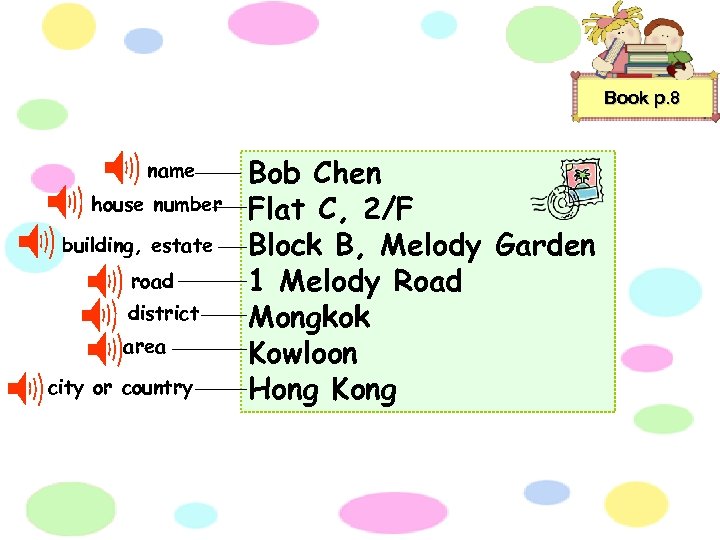 Book p. 8 name house number building, estate road district area city or country