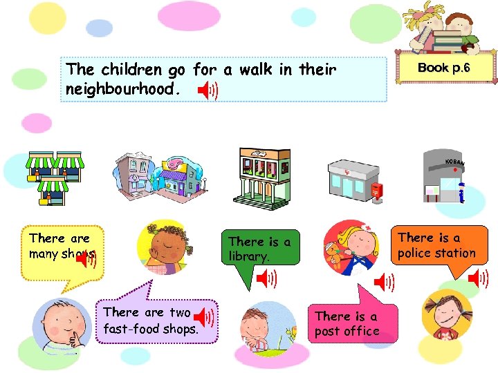 The children go for a walk in their neighbourhood. There are many shops. There