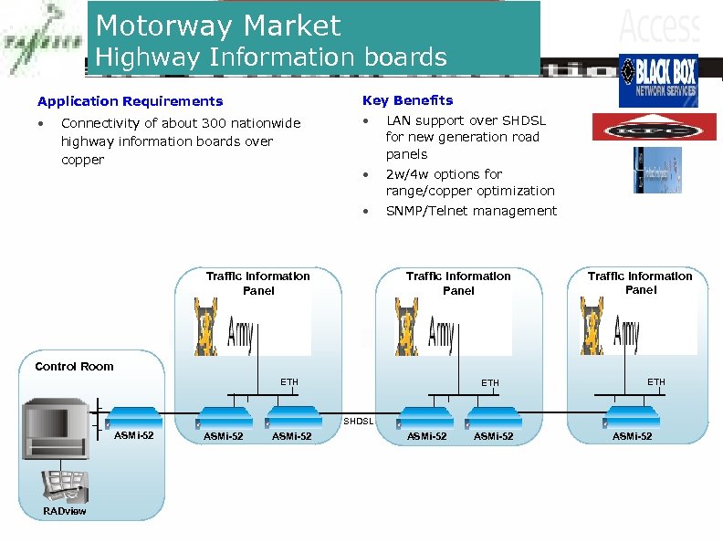 Motorway Market Highway Information boards Application Requirements Key Benefits • • LAN support over