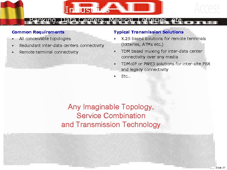 Service Industries Banking, Data Centers, Medical, Lotteries, etc. Common Requirements Typical Transmission Solutions •