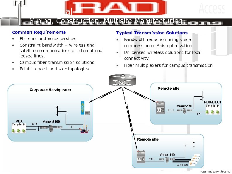 Industrial Mining, Construction, Multisite Manufacturing Common Requirements Typical Transmission Solutions • Ethernet and voice