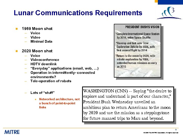 Lunar Communications Requirements n 1969 Moon shot – – – n Voice Video Minimal