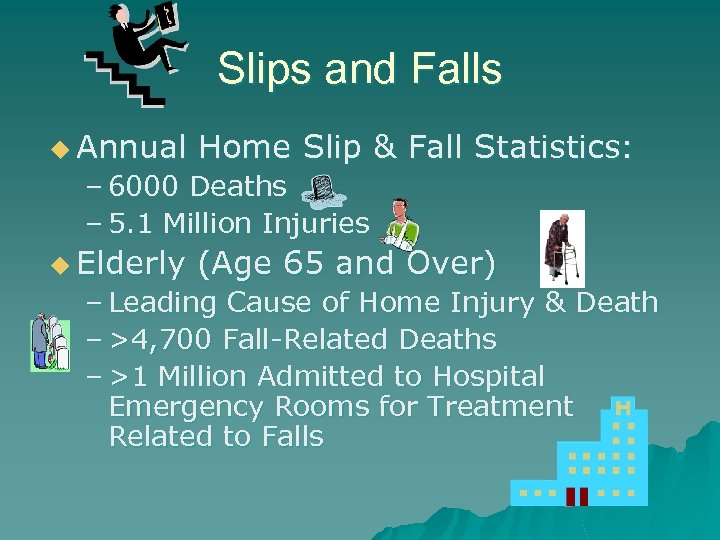 Slips and Falls u Annual Home Slip & Fall Statistics: – 6000 Deaths –