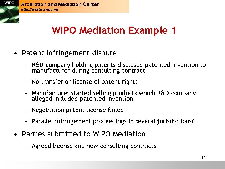 Arbitration and Mediation Center http: //arbiter. wipo. int WIPO Mediation Example 1 • Patent