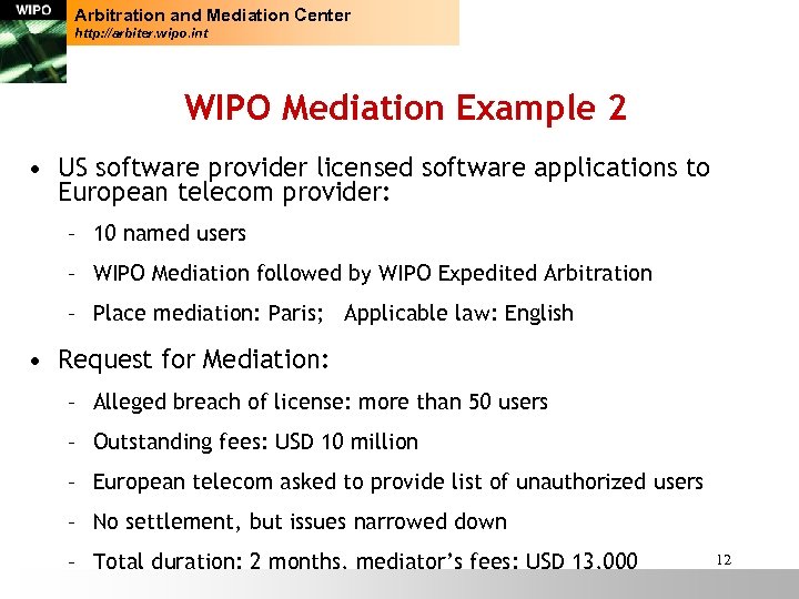 Arbitration and Mediation Center http: //arbiter. wipo. int WIPO Mediation Example 2 • US