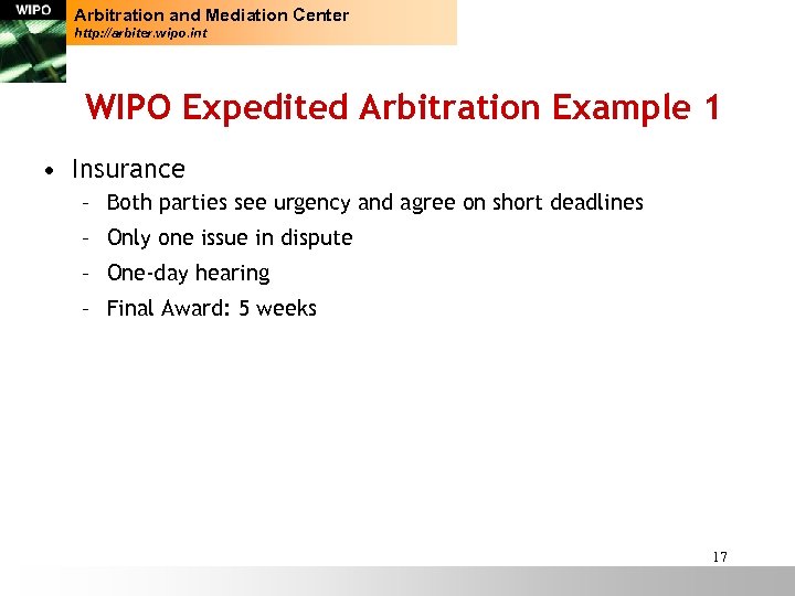 Arbitration and Mediation Center http: //arbiter. wipo. int WIPO Expedited Arbitration Example 1 •