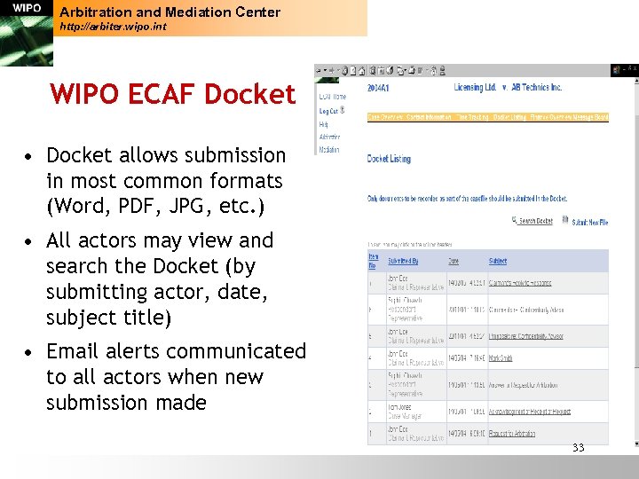 Arbitration and Mediation Center http: //arbiter. wipo. int WIPO ECAF Docket • Docket allows