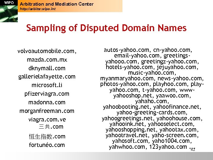 Arbitration and Mediation Center http: //arbiter. wipo. int Sampling of Disputed Domain Names volvoautomobile.