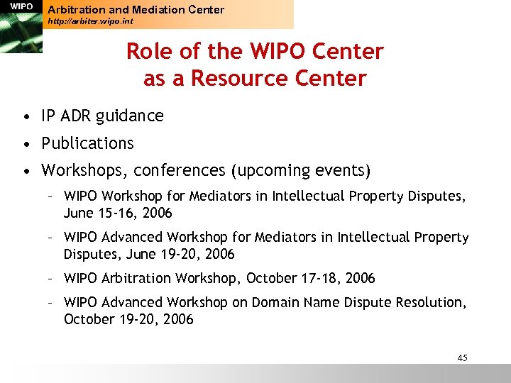 Arbitration and Mediation Center http: //arbiter. wipo. int Role of the WIPO Center as