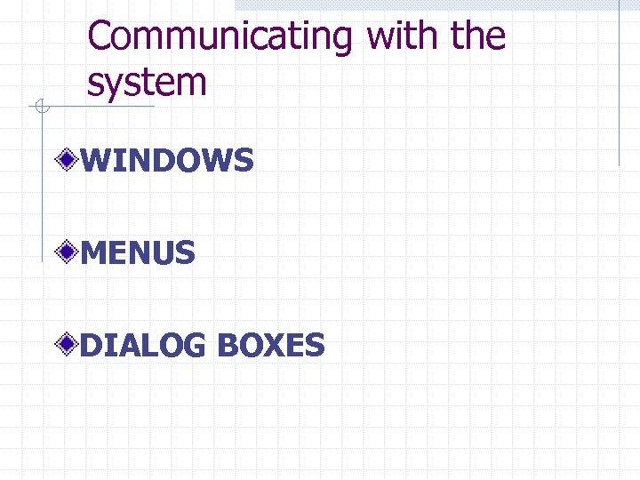 Communicating with the system WINDOWS MENUS DIALOG BOXES 