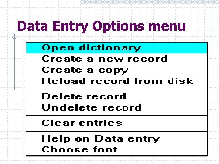 Data Entry Options menu 