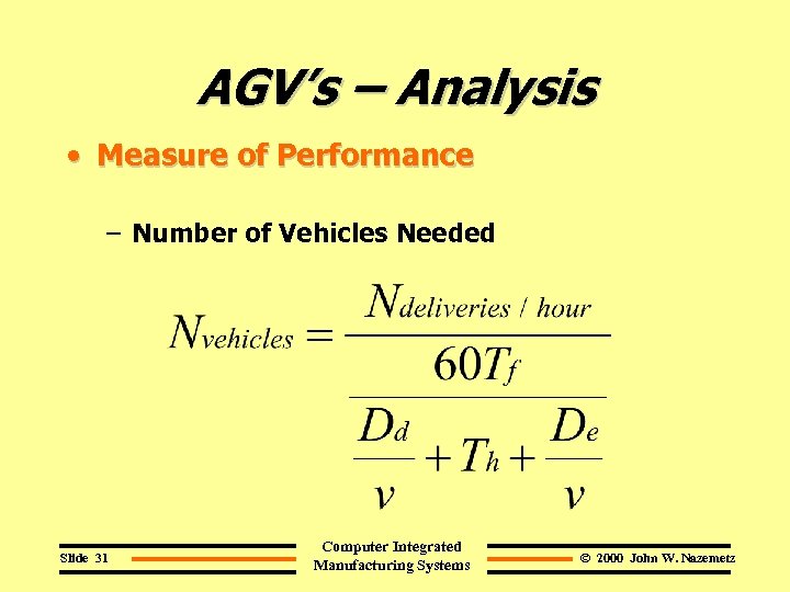 AGV’s – Analysis • Measure of Performance – Number of Vehicles Needed Slide 31
