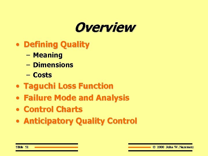 Overview • Defining Quality – Meaning – Dimensions – Costs • • Taguchi Loss