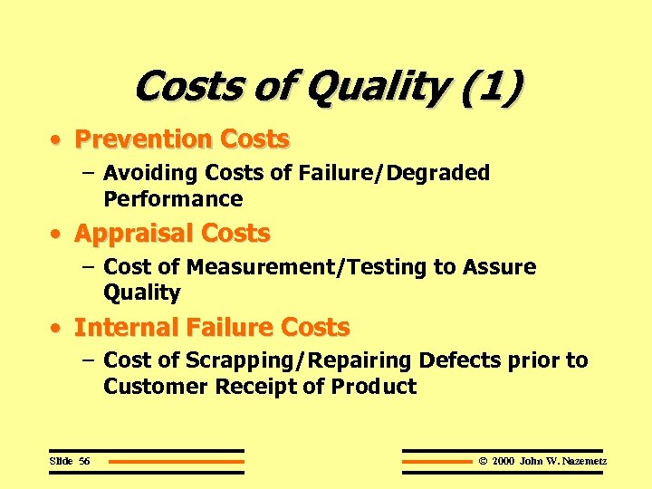 Costs of Quality (1) • Prevention Costs – Avoiding Costs of Failure/Degraded Performance •