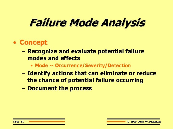 Failure Mode Analysis • Concept – Recognize and evaluate potential failure modes and effects