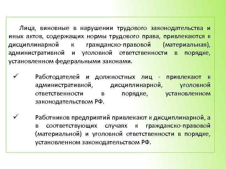 Трудовое законодательство и иные акты. Ответственность лиц за нарушение трудового законодательства. Виды нарушений в трудовом праве. Виды ответственности за нарушение трудового законодательства. Виды норм трудового права.