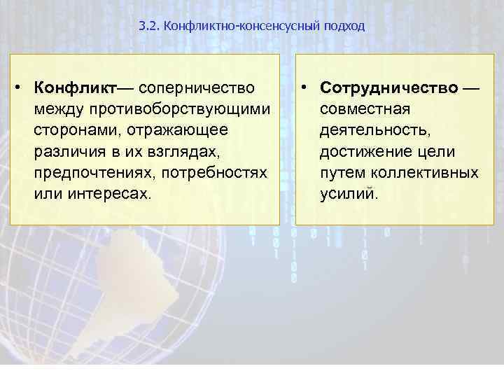 3. 2. Конфликтно-консенсусный подход • Конфликт— соперничество между противоборствующими сторонами, отражающее различия в их