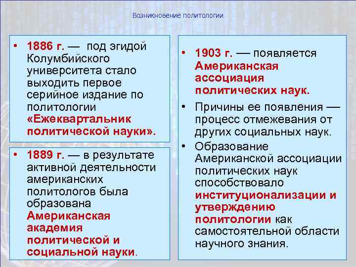 Возникновение политологии • 1886 г. — под эгидой Колумбийского университета стало выходить первое серийное