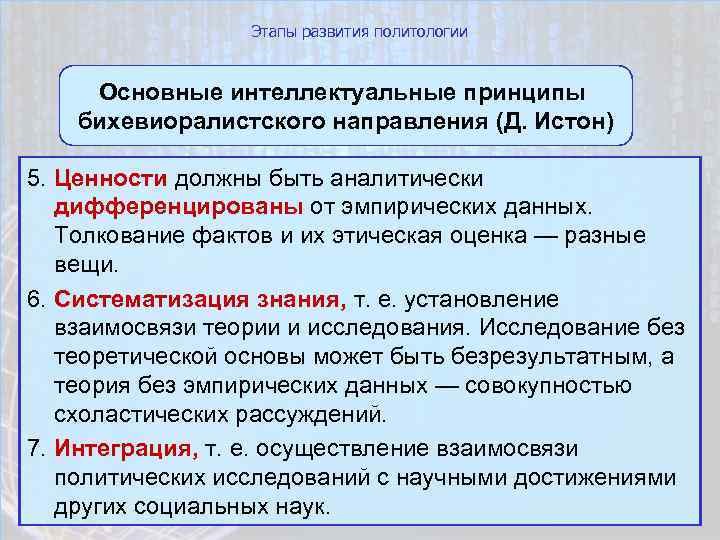 Этапы развития политологии Основные интеллектуальные принципы бихевиоралистского направления (Д. Истон) 5. Ценности должны быть
