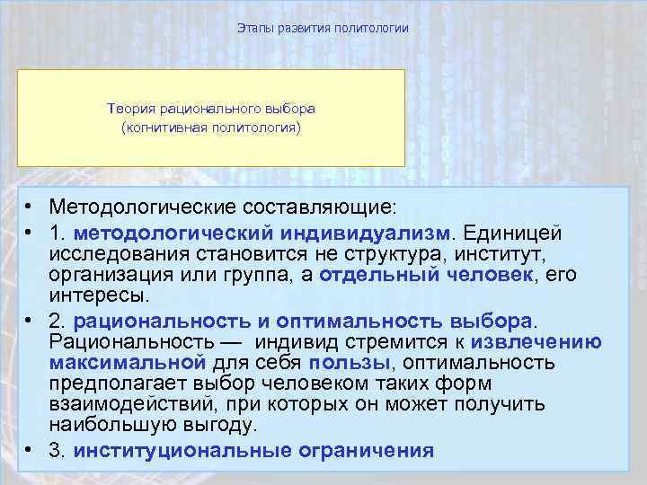 Этапы развития политологии Теория рационального выбора (когнитивная политология) • Методологические составляющие: • 1. методологический