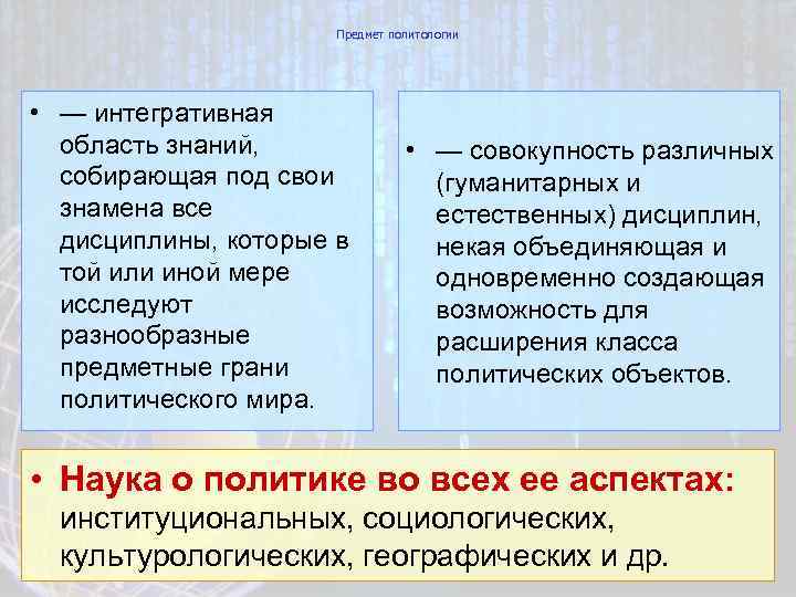 Предмет политологии • — интегративная область знаний, собирающая под свои знамена все дисциплины, которые