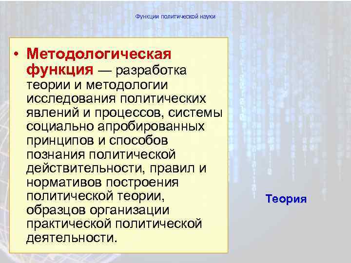 Функции политической науки • Методологическая функция — разработка теории и методологии исследования политических явлений