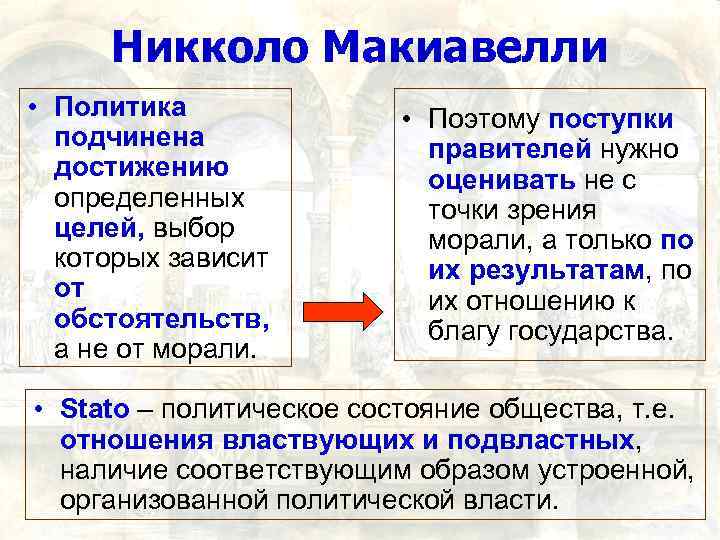 Никколо Макиавелли • Политика подчинена достижению определенных целей, выбор которых зависит от обстоятельств, а