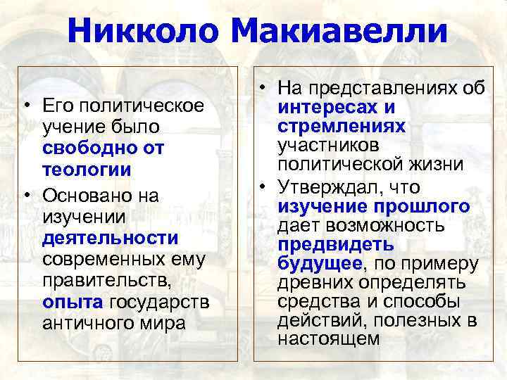 Никколо Макиавелли • Его политическое учение было свободно от теологии • Основано на изучении