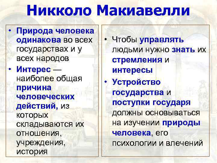 Никколо Макиавелли • Природа человека одинакова во всех • Чтобы управлять государствах и у