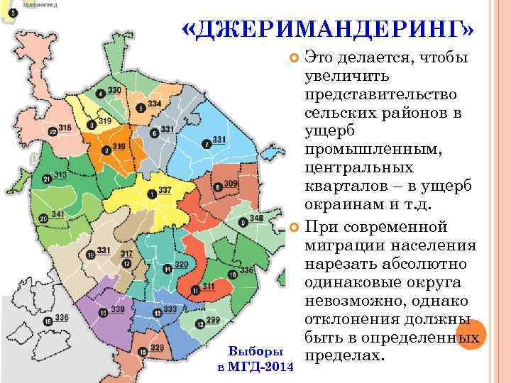 «ДЖЕРИМАНДЕРИНГ» Это делается, чтобы увеличить представительство сельских районов в ущерб промышленным, центральных кварталов