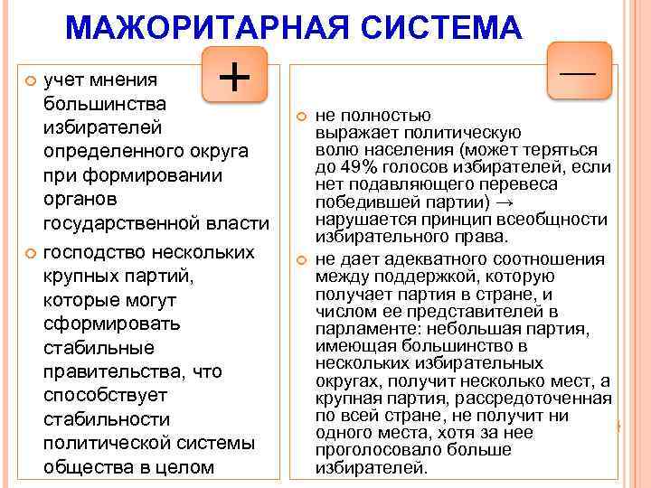 МАЖОРИТАРНАЯ СИСТЕМА + учет мнения большинства избирателей определенного округа при формировании органов государственной власти