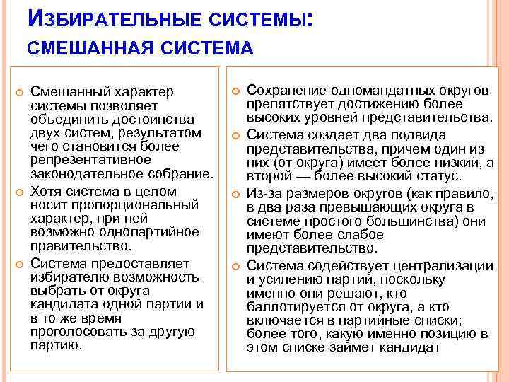 ИЗБИРАТЕЛЬНЫЕ СИСТЕМЫ: СМЕШАННАЯ СИСТЕМА Смешанный характер системы позволяет объединить достоинства двух систем, результатом чего