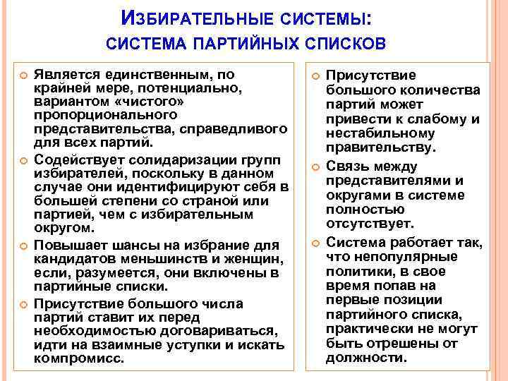 ИЗБИРАТЕЛЬНЫЕ СИСТЕМЫ: СИСТЕМА ПАРТИЙНЫХ СПИСКОВ Является единственным, по крайней мере, потенциально, вариантом «чистого» пропорционального