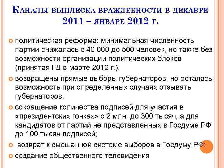 КАНАЛЫ ВЫПЛЕСКА ВРАЖДЕБНОСТИ В ДЕКАБРЕ 2011 – ЯНВАРЕ 2012 Г. политическая реформа: минимальная численность
