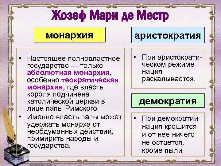 Жозеф Мари де Местр монархия аристократия • Настоящее полновластное государство — только абсолютная монархия,
