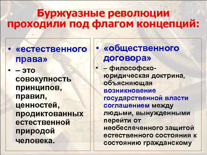 Буржуазные революции проходили под флагом концепций: • «естественного • «общественного договора» права» • –