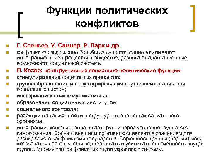 Функции политических конфликтов n Г. Спенсер, У. Самнер, Р. Парк и др. n конфликт