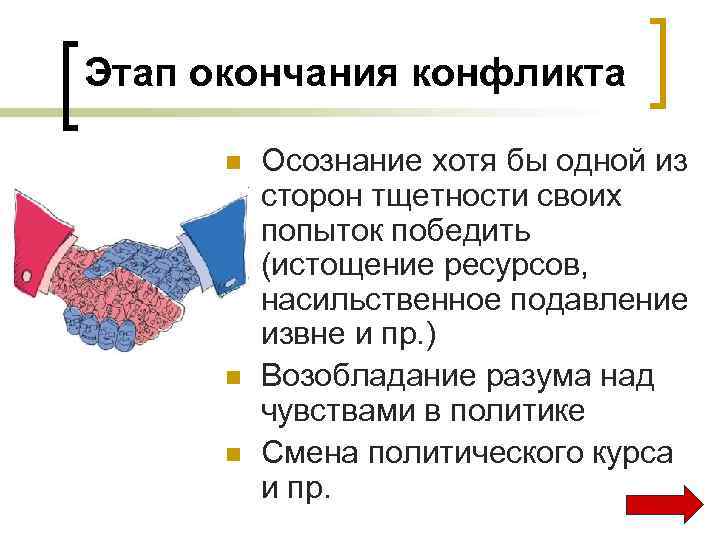 Этап окончания конфликта n n n Осознание хотя бы одной из сторон тщетности своих