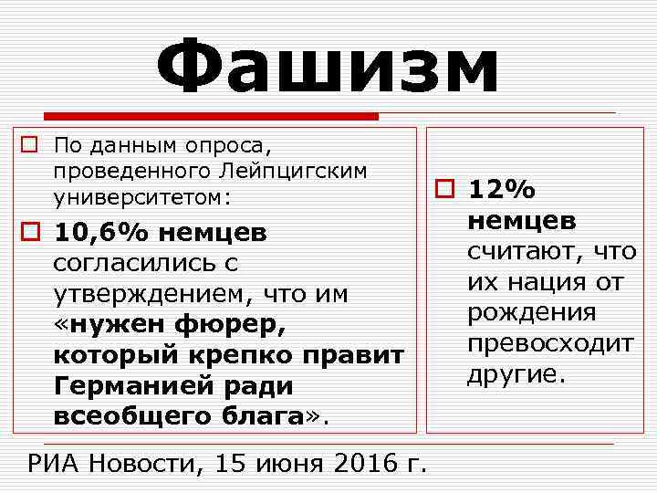 Фашизм o По данным опроса, проведенного Лейпцигским университетом: o 12% немцев o 10, 6%