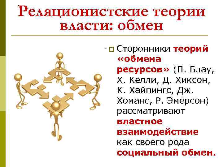 Реляционистские теории власти: обмен p Сторонники теорий «обмена ресурсов» (П. Блау, X. Келли, Д.