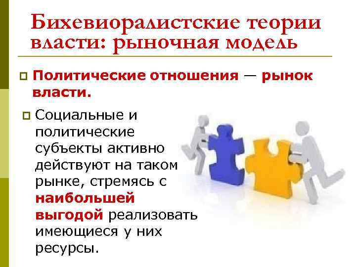 Бихевиоралистские теории власти: рыночная модель p Политические отношения — рынок власти. p Социальные и