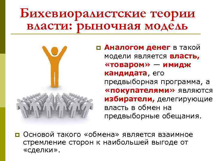 Бихевиоралистские теории власти: рыночная модель p p Аналогом денег в такой модели является власть,