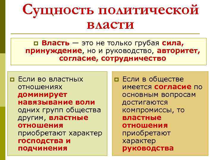 Сущность политической власти Власть — это не только грубая сила, принуждение, но и руководство,