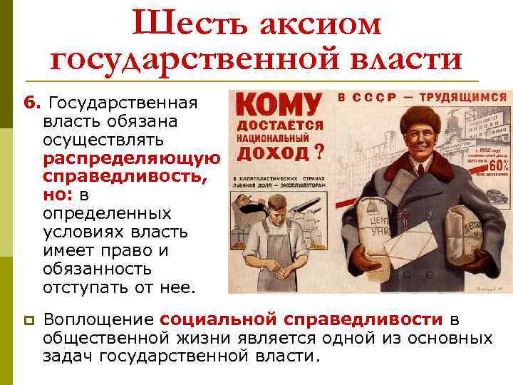 Шесть аксиом государственной власти 6. Государственная власть обязана осуществлять распределяющую справедливость, но: в определенных